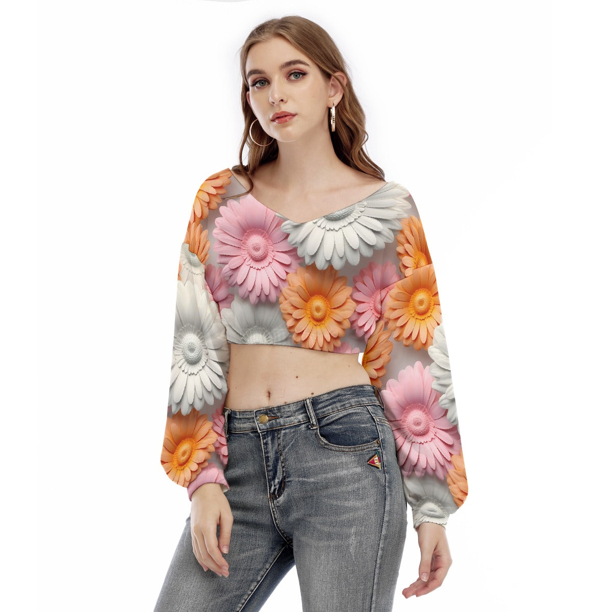 All-Over Print Women's V-neck Long Sleeve Cropped Sweatshirt