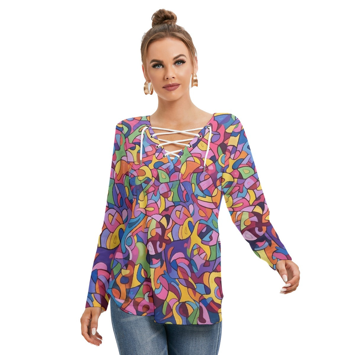 All-Over Print Women's Long Sleeve Neckline Tie Sweatshirt