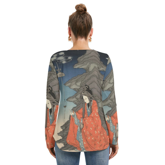 All-Over Print Women's Long Sleeve Neckline Tie Sweatshirt