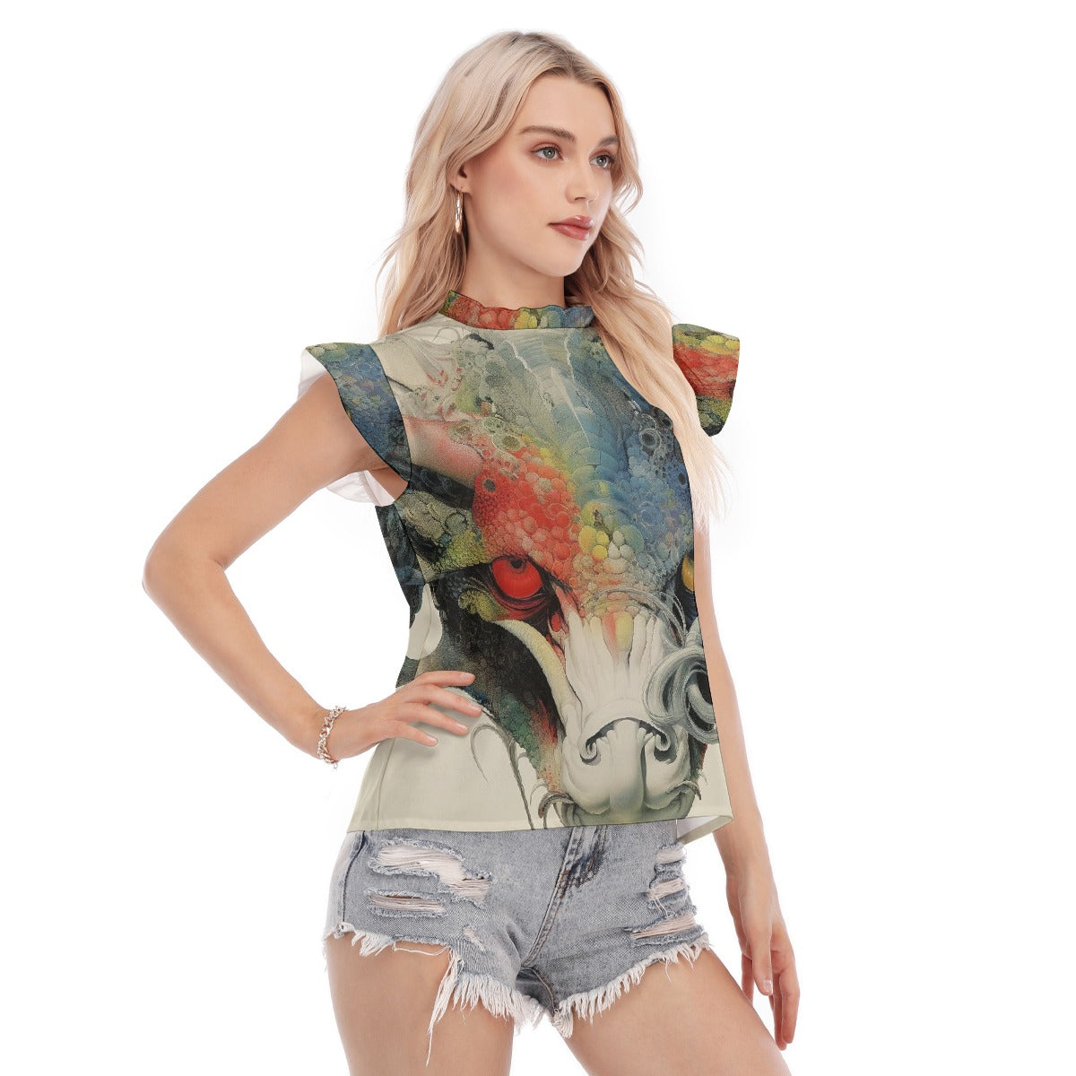 All-Over Print Women's Blouse With Ruffle Collar And Sleeve