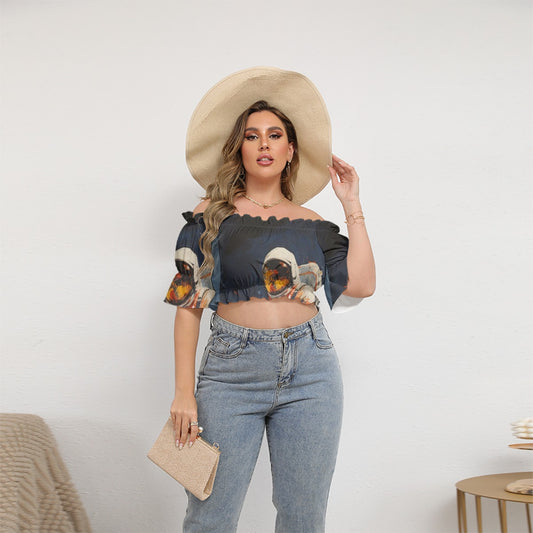 All-Over Print Women's Off-shoulder Cropped Top With Short Puff Sleeve