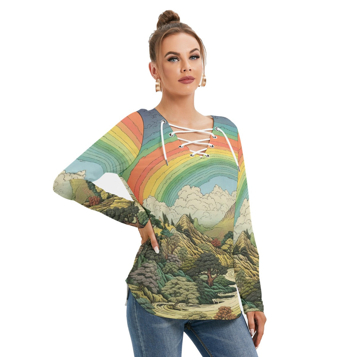 All-Over Print Women's Long Sleeve Neckline Tie Sweatshirt