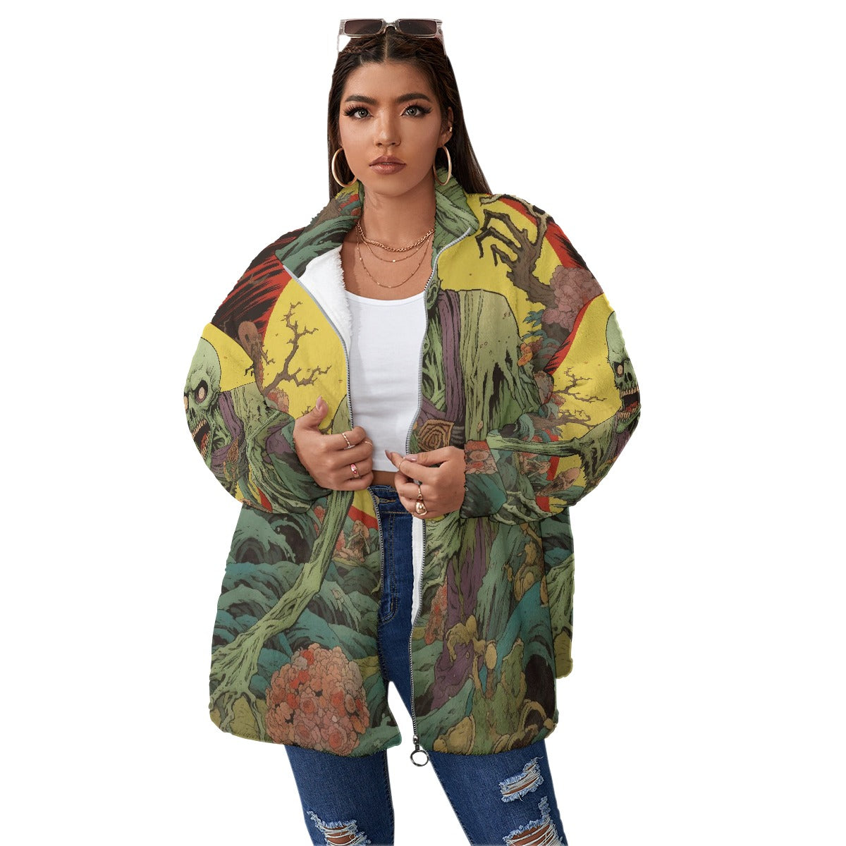 All-Over Print Unisex Borg Fleece Stand-up Collar Coat With Zipper Closure(Plus Size)