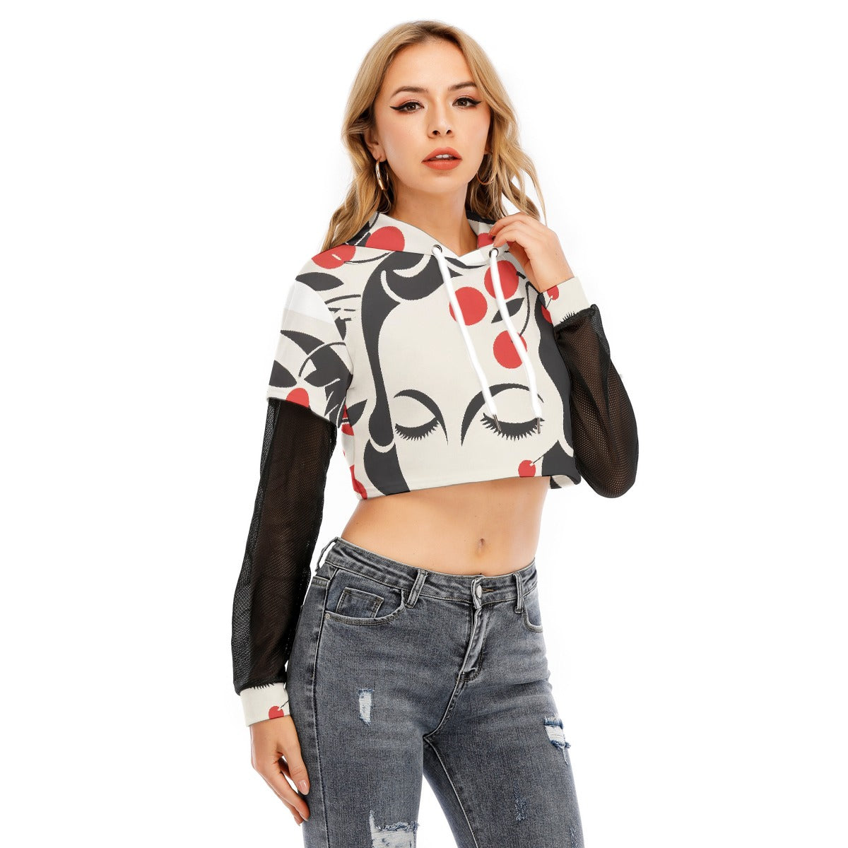 All-Over Print Women's Fake Two-piece Mesh Sleeve Cropped Hoodie