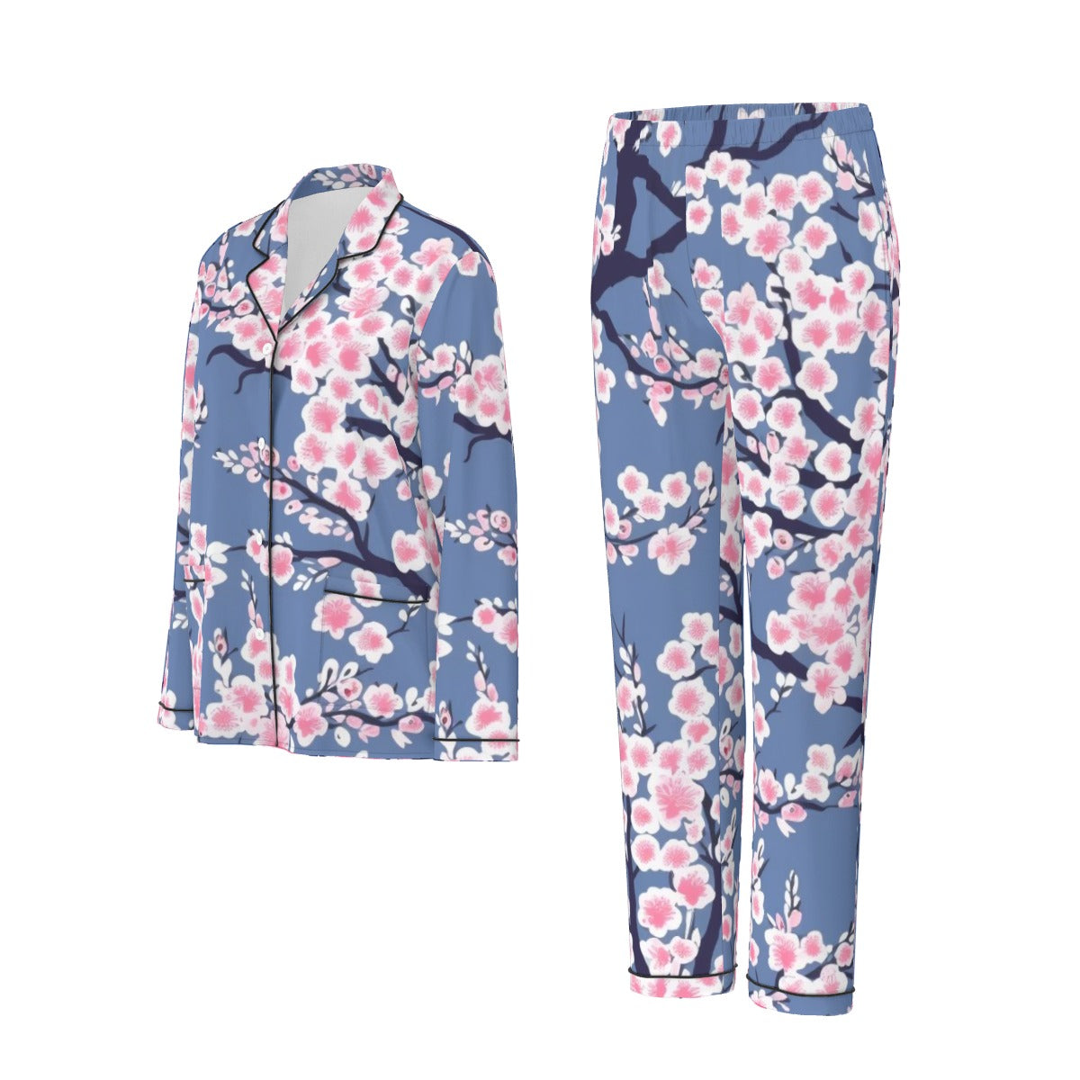 All-Over Print Women's Long Sleeve Pajama Set With Black Contrast Piping