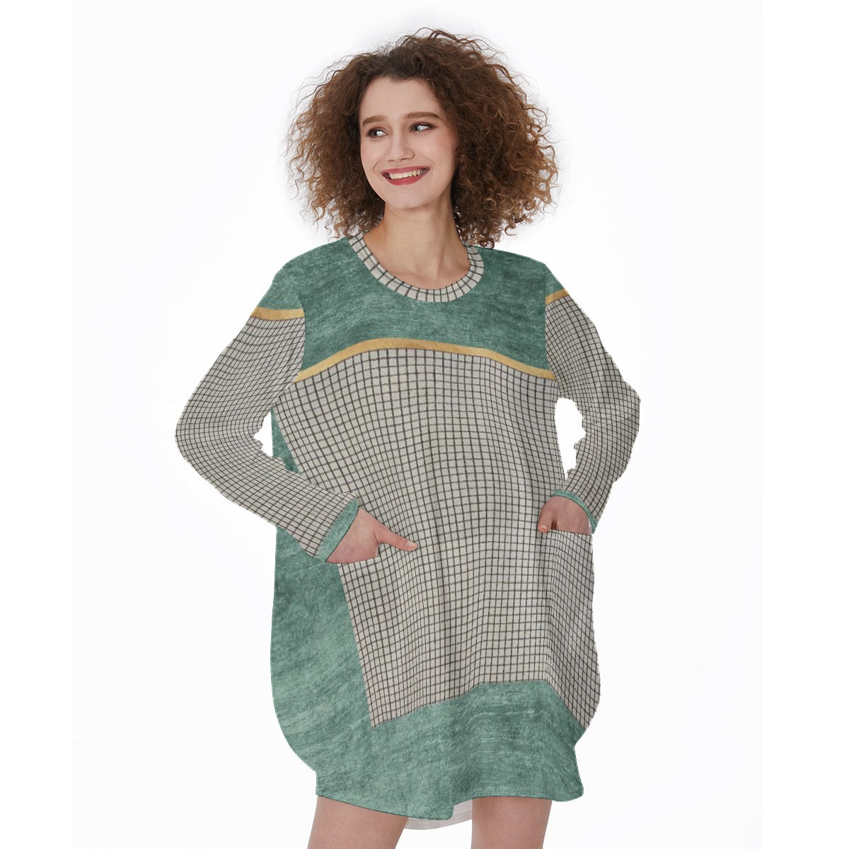 All-Over Print Women's Casual Loose Long Sleeve Dress With Pocket