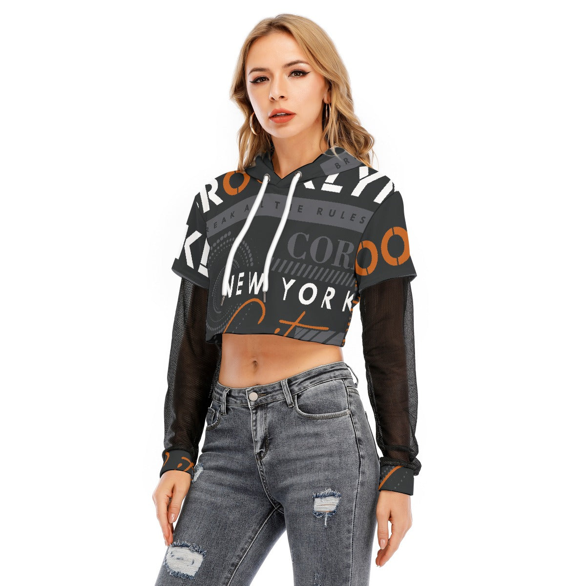 All-Over Print Women's Fake Two-piece Mesh Sleeve Cropped Hoodie