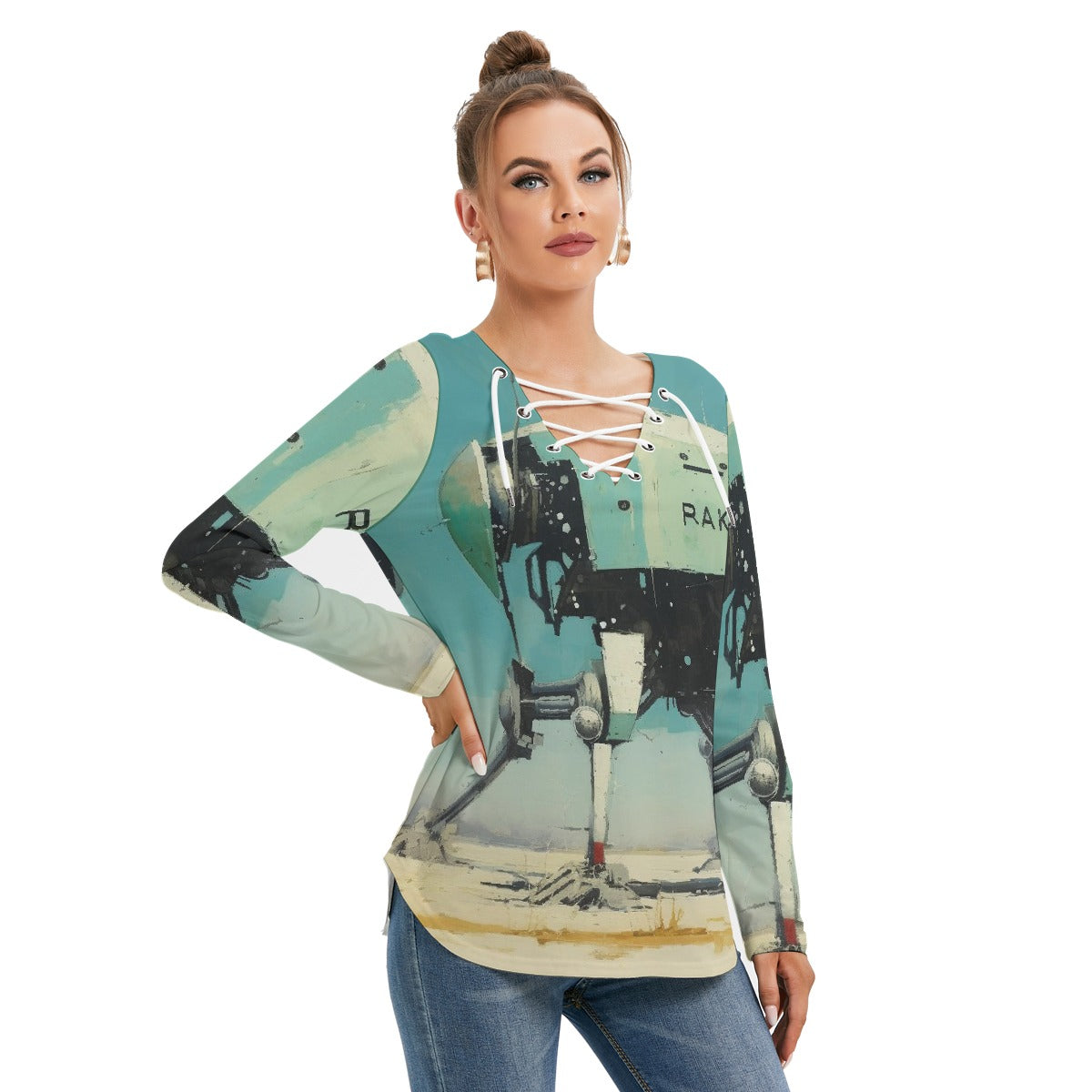 All-Over Print Women's Long Sleeve Neckline Tie Sweatshirt