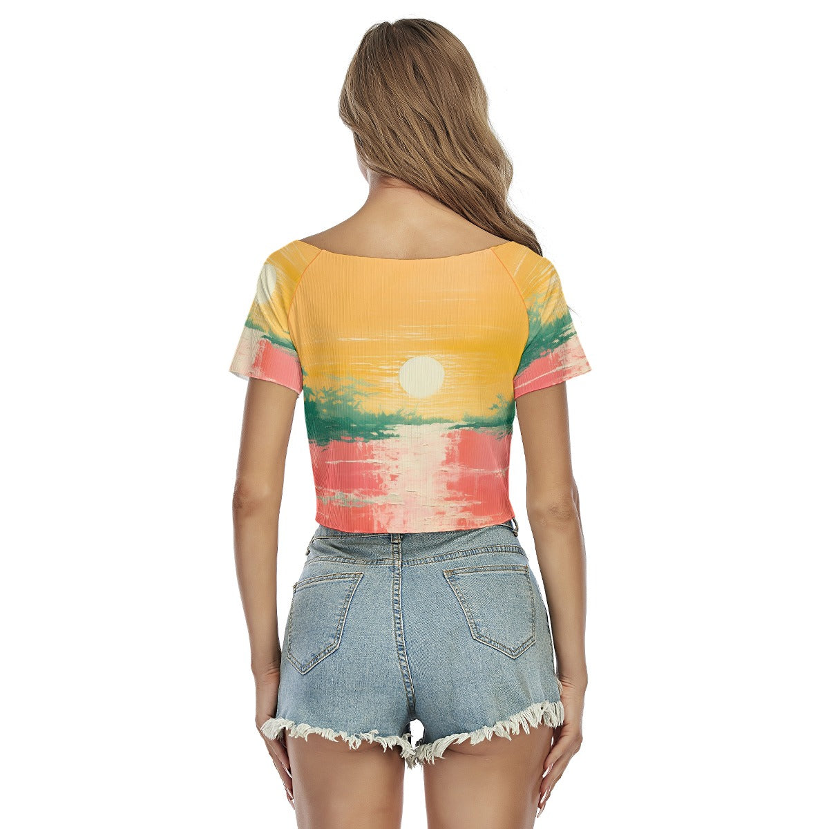 All-Over Print Women's Raglan Drawstring Front  Crop Tee