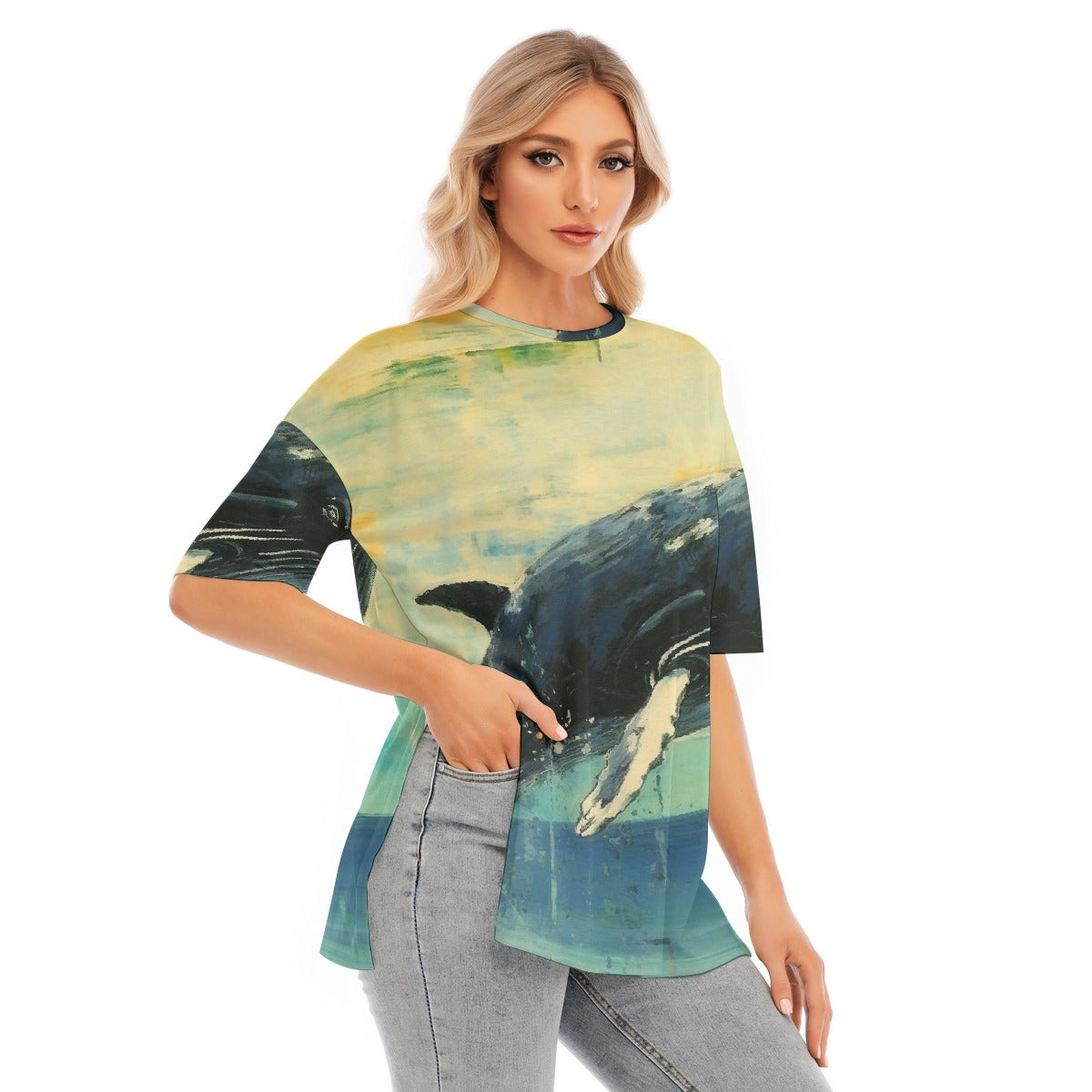 All-Over Print Women's Short Sleeves T-shirt With Hem Split