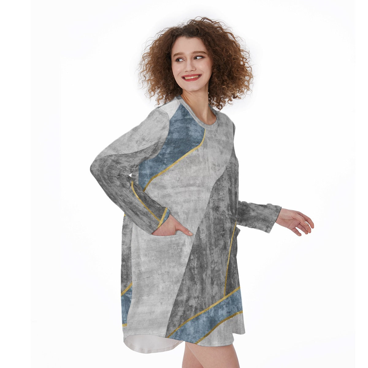 All-Over Print Women's Casual Loose Long Sleeve Dress With Pocket