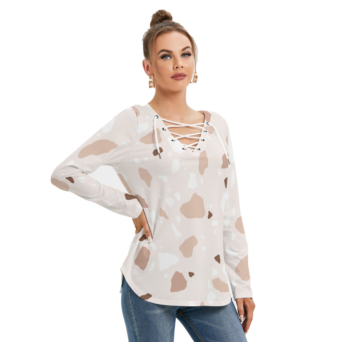 All-Over Print Women's Long Sleeve Neckline Tie Sweatshirt