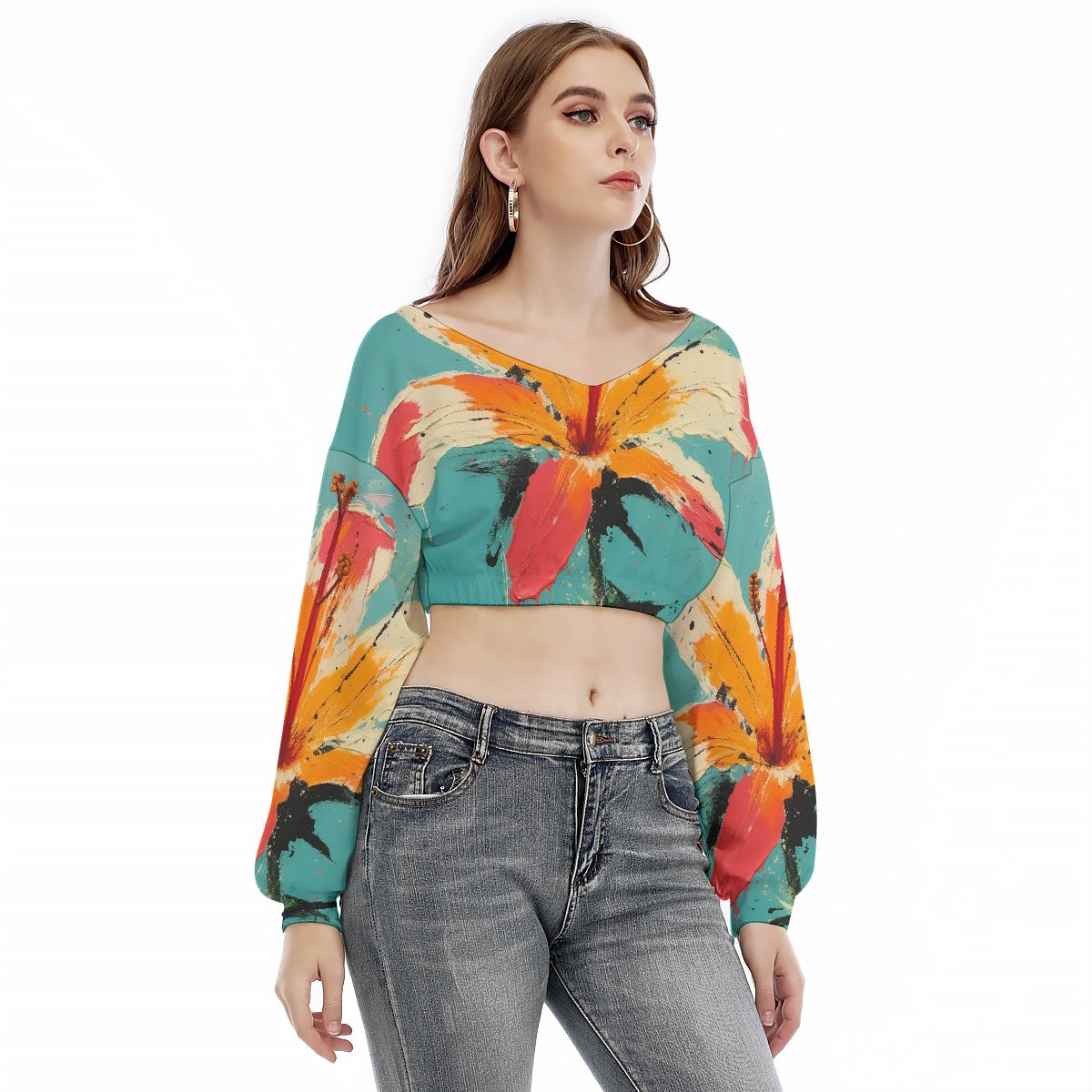 All-Over Print Women's V-neck Long Sleeve Cropped Sweatshirt