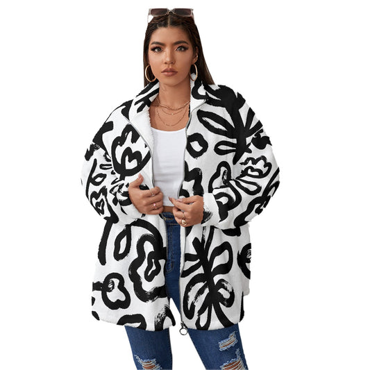 All-Over Print Unisex Borg Fleece Stand-up Collar Coat With Zipper Closure(Plus Size)