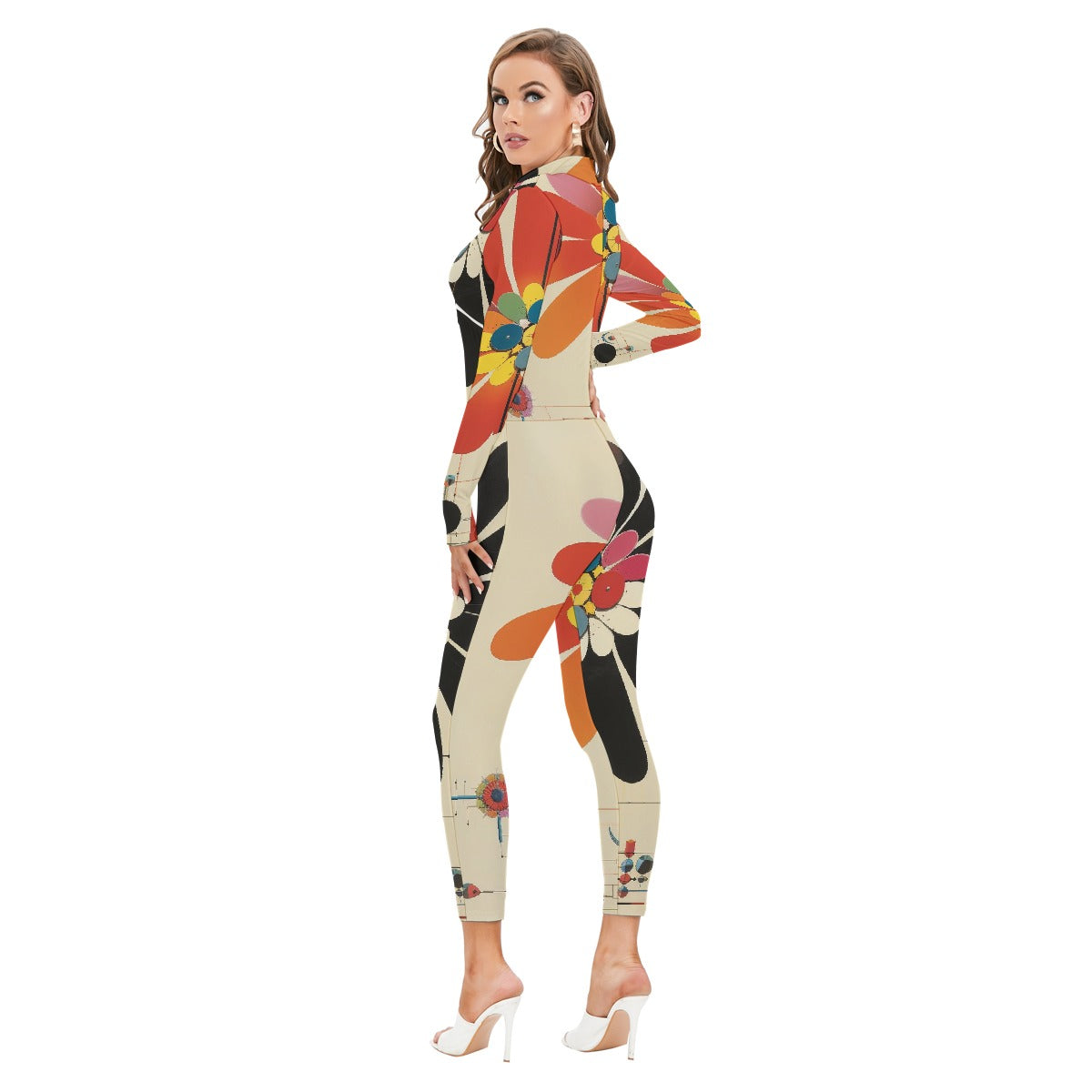 All-Over Print Women's Long-sleeved High-neck Jumpsuit With Zipper