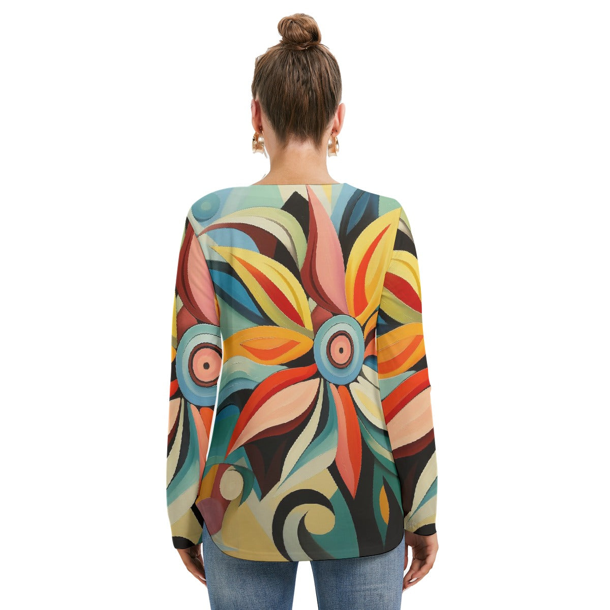 All-Over Print Women's Long Sleeve Neckline Tie Sweatshirt