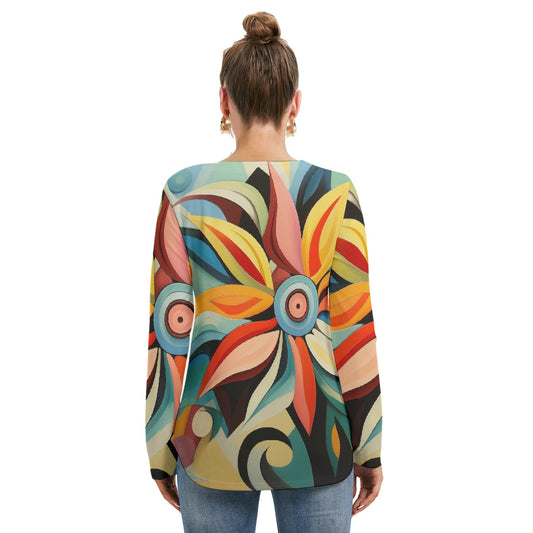 All-Over Print Women's Long Sleeve Neckline Tie Sweatshirt