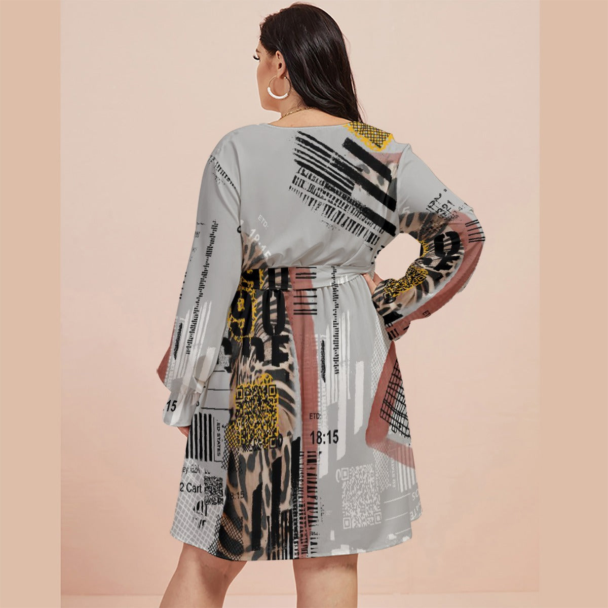 All-Over Print Women's V-neck Dress With Waistband(Plus Size)