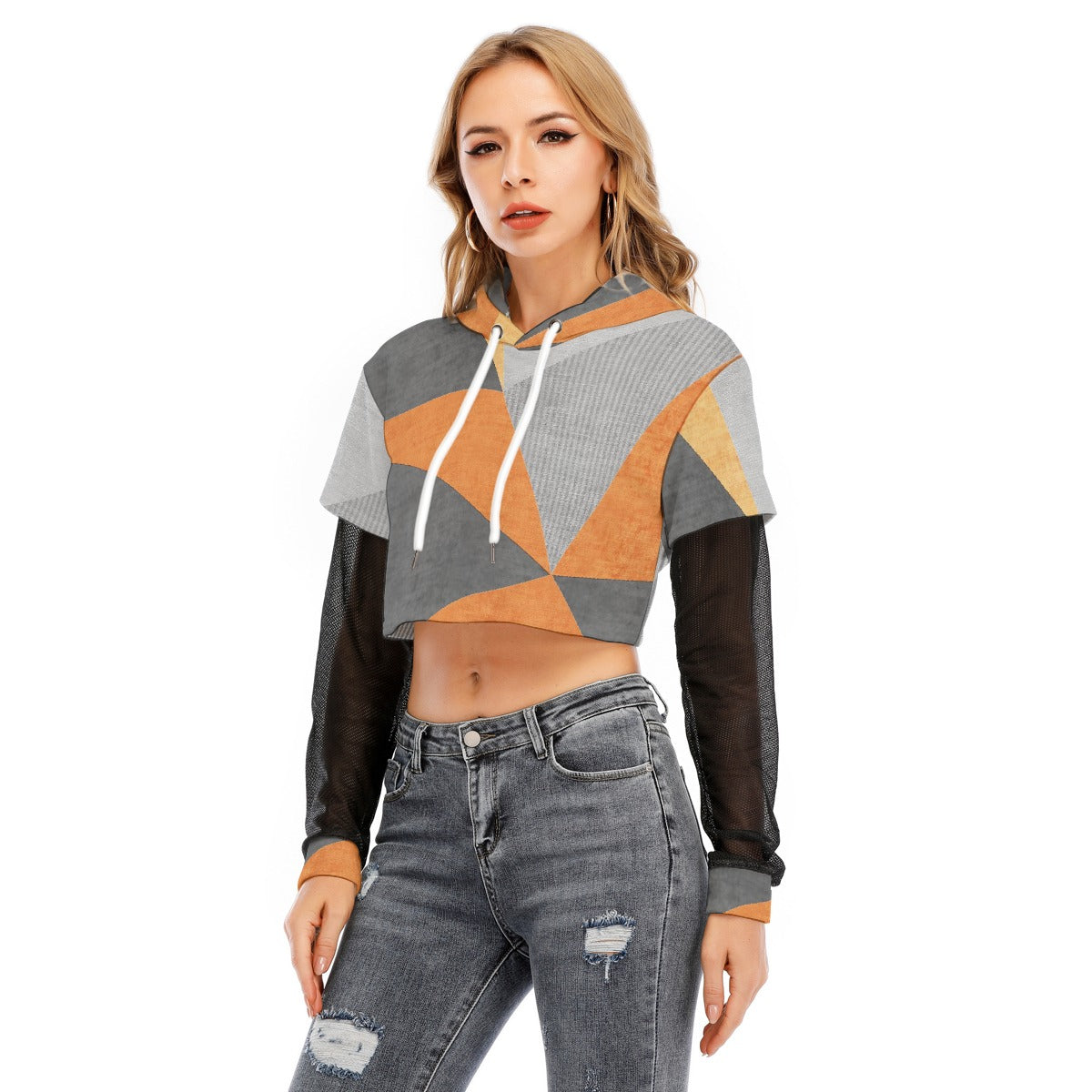 All-Over Print Women's Fake Two-piece Mesh Sleeve Cropped Hoodie