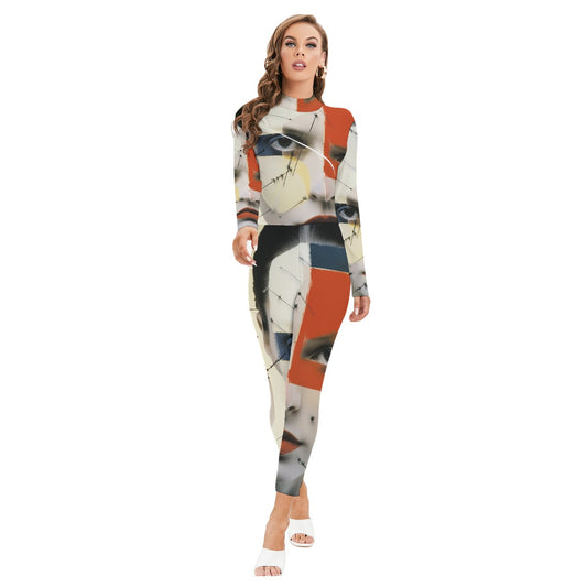 All-Over Print Women's Long-sleeved High-neck Jumpsuit With Zipper