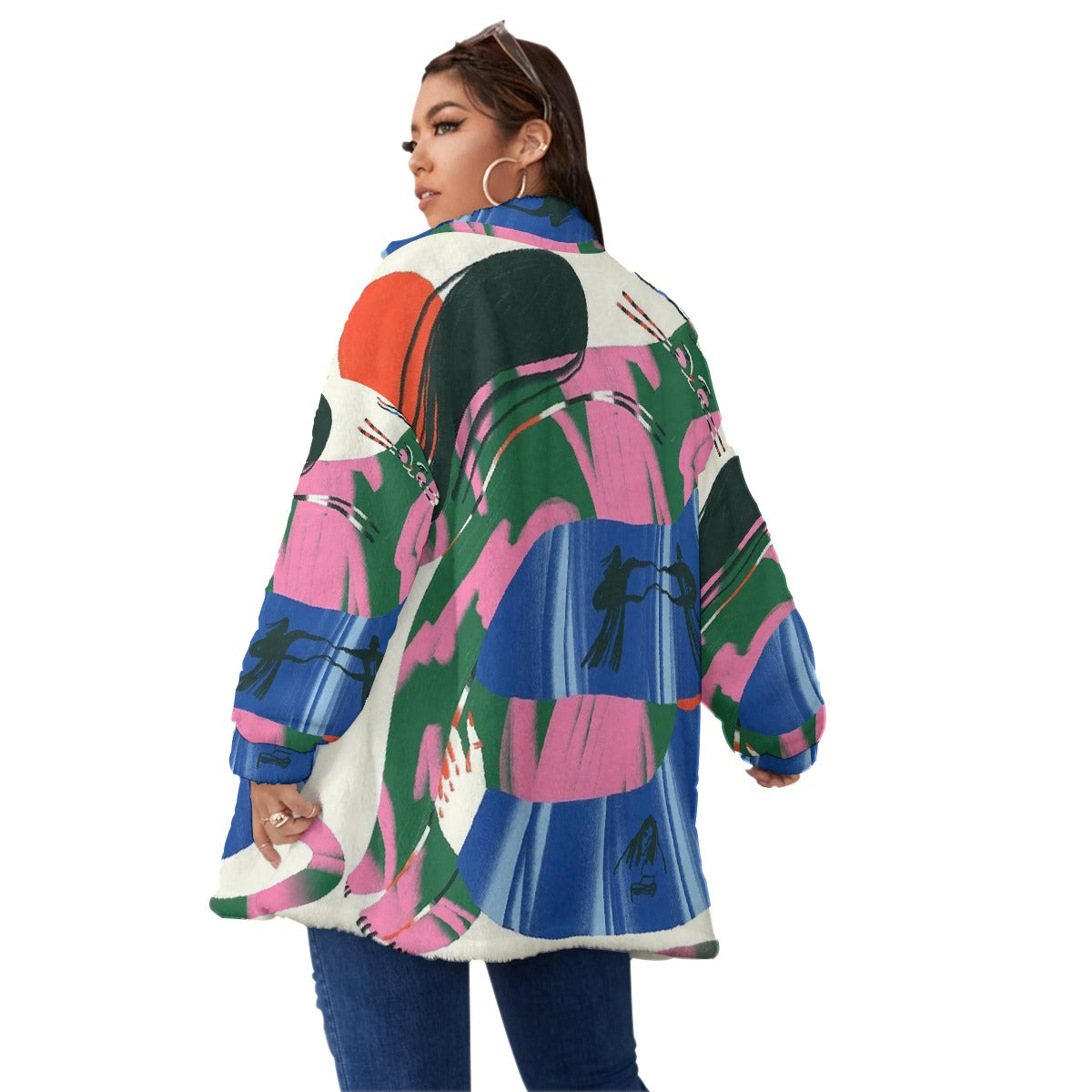 All-Over Print Unisex Borg Fleece Stand-up Collar Coat With Zipper Closure(Plus Size)