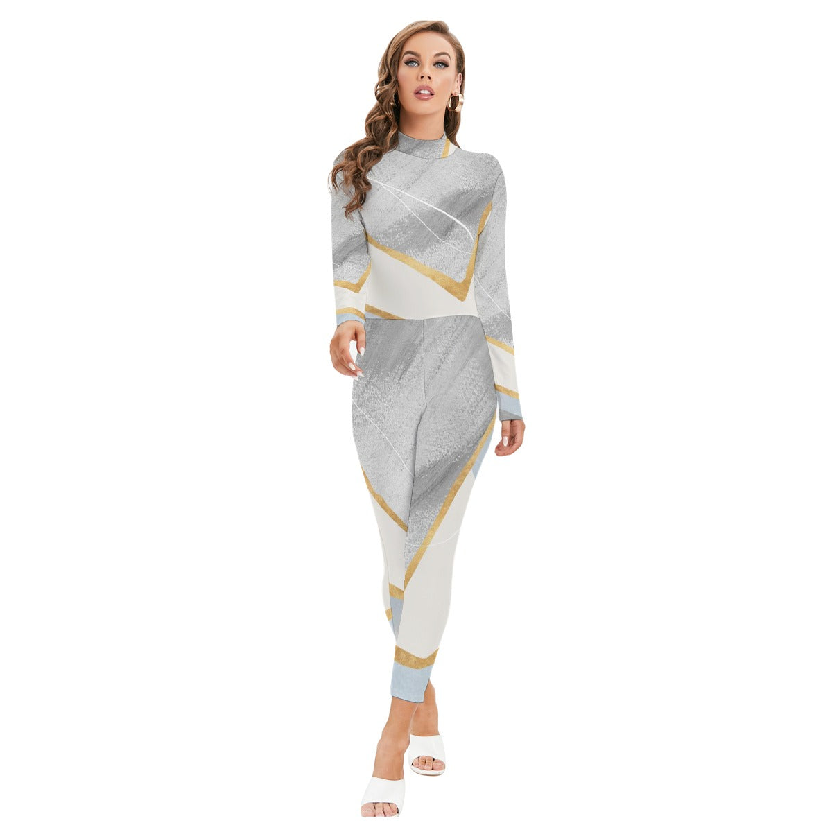 All-Over Print Women's Long-sleeved High-neck Jumpsuit With Zipper