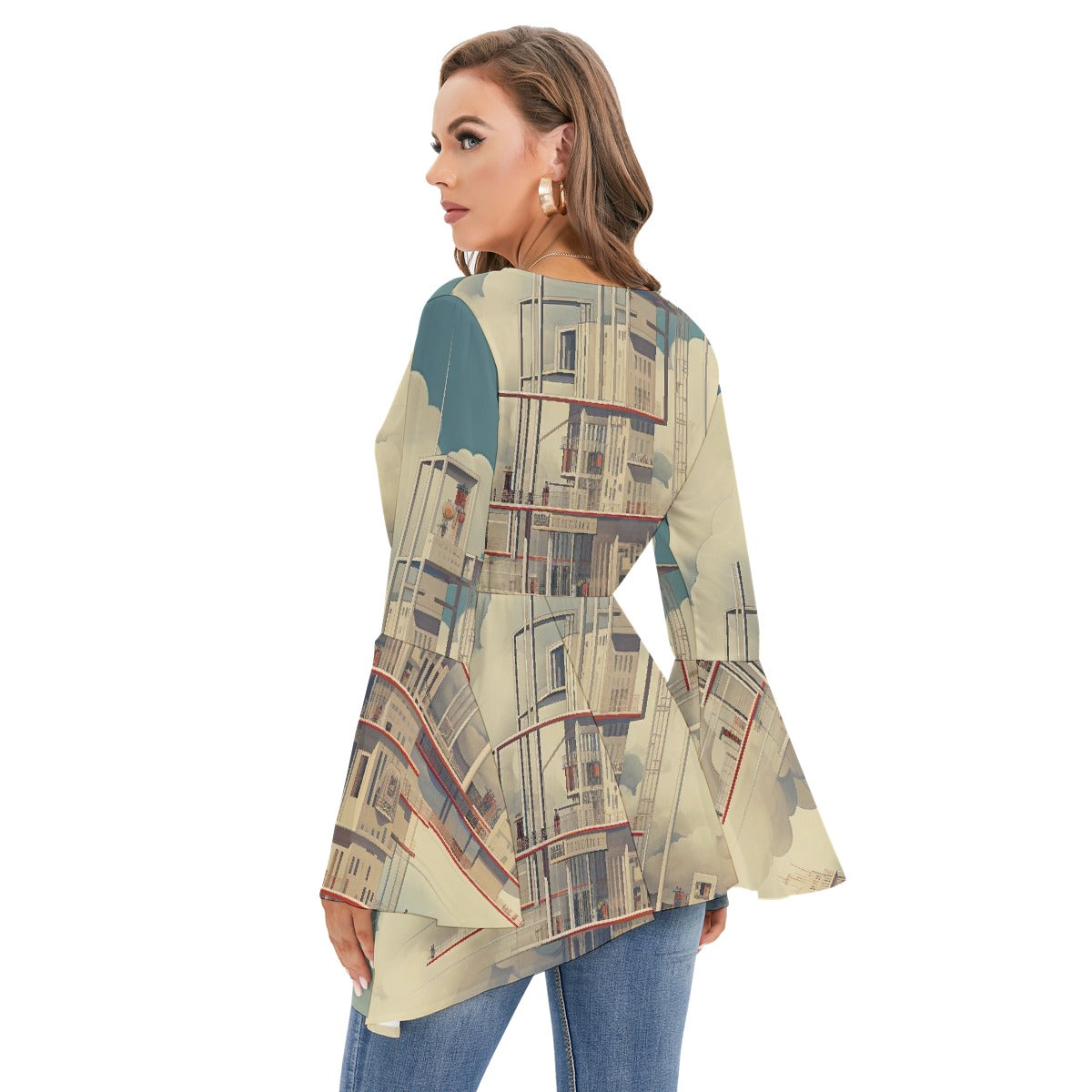 All-Over Print Women's V-neck Blouse With Flared Sleeves