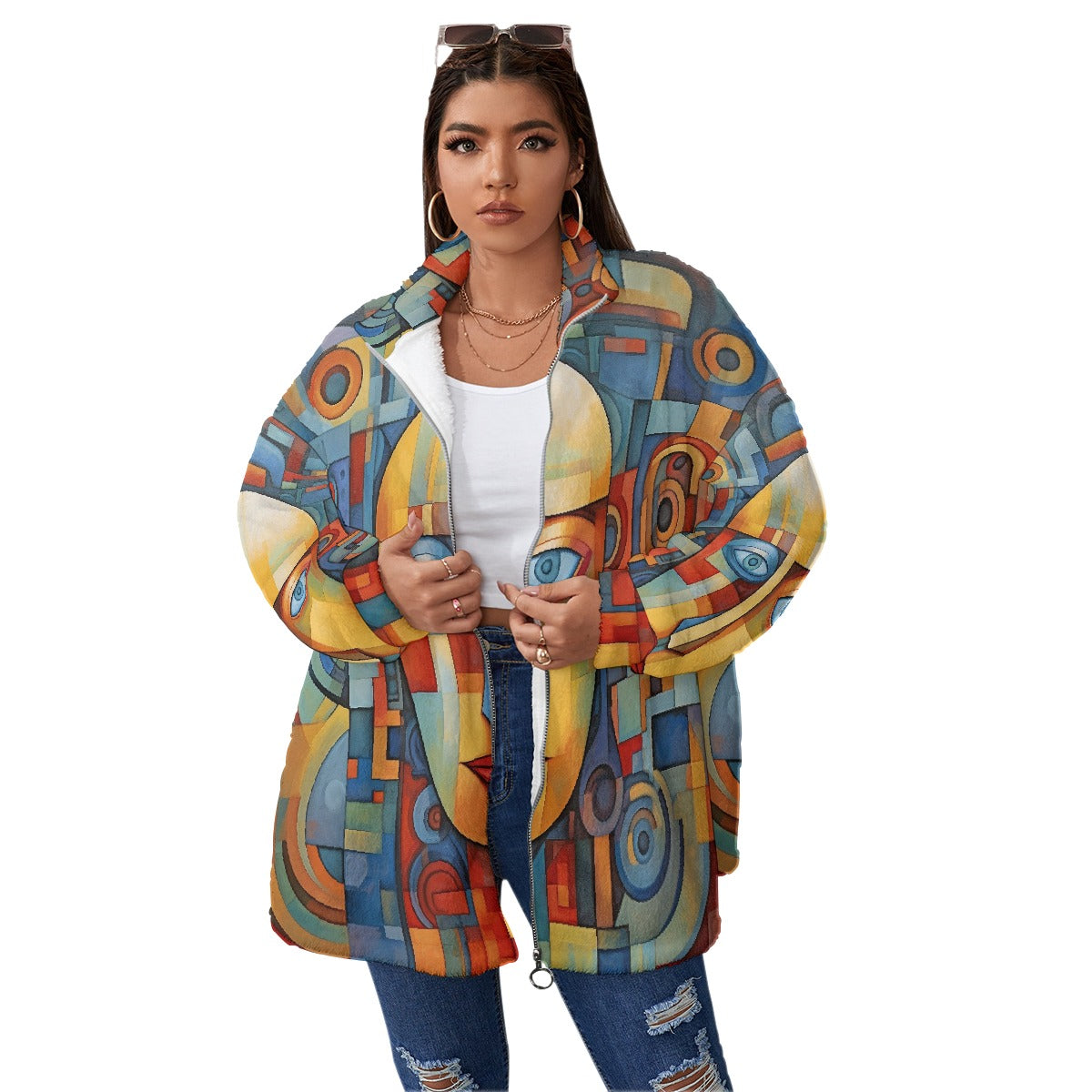 All-Over Print Unisex Borg Fleece Stand-up Collar Coat With Zipper Closure(Plus Size)