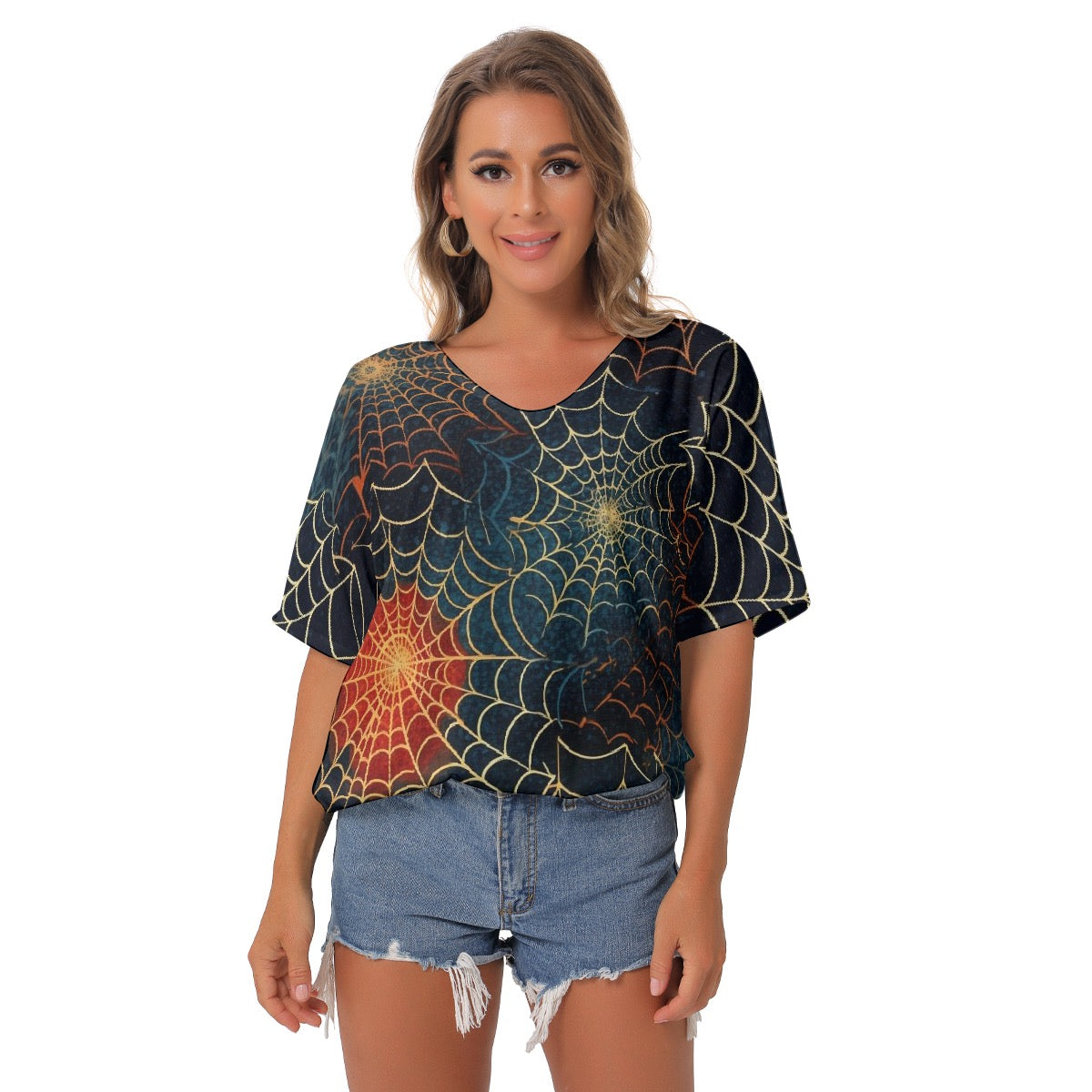 All-Over Print Women's Bat Sleeves V-Neck Blouse