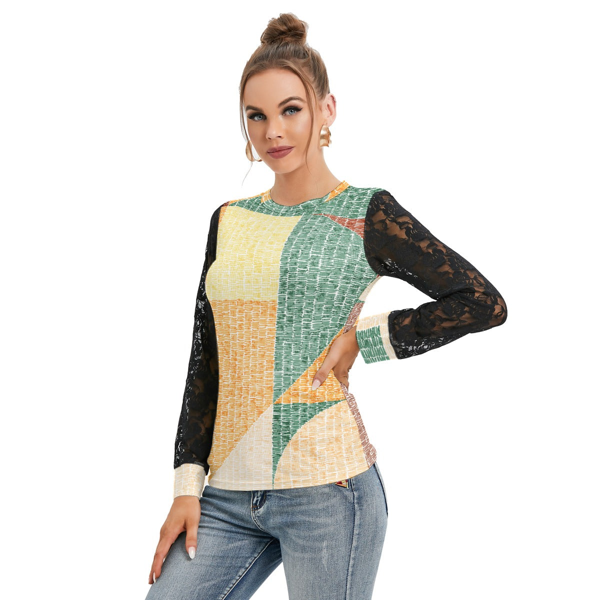 All-Over Print Women's T-shirt And Sleeve With Black Lace
