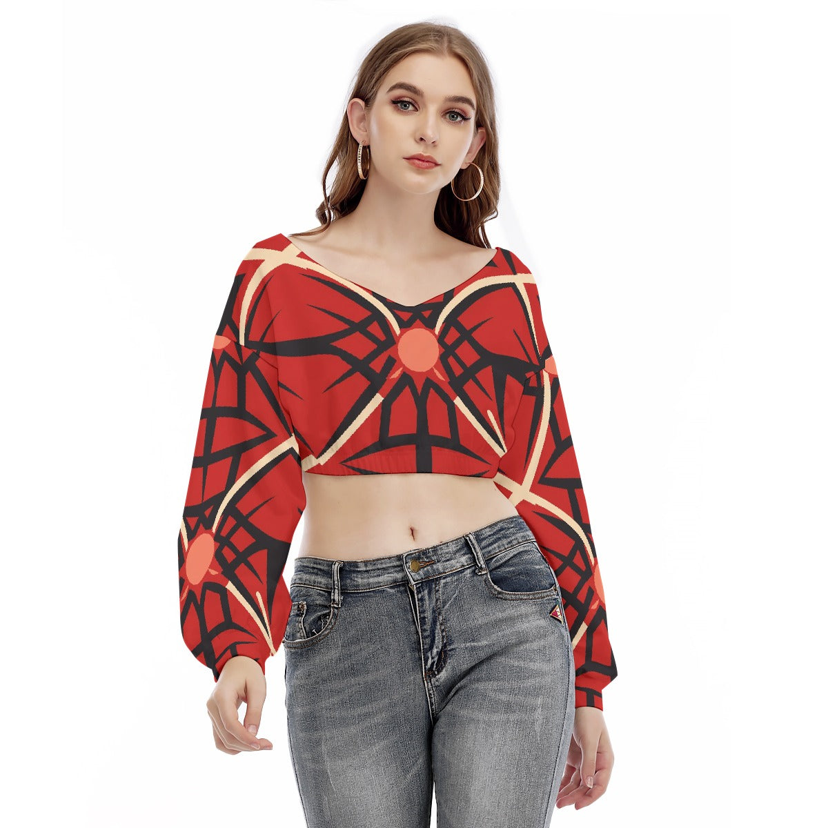 All-Over Print Women's V-neck Long Sleeve Cropped Sweatshirt