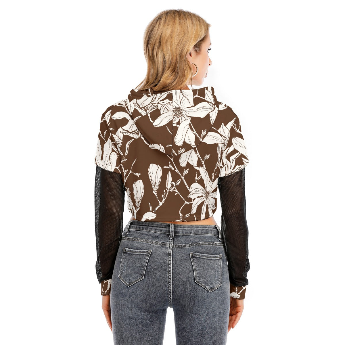 All-Over Print Women's Fake Two-piece Mesh Sleeve Cropped Hoodie
