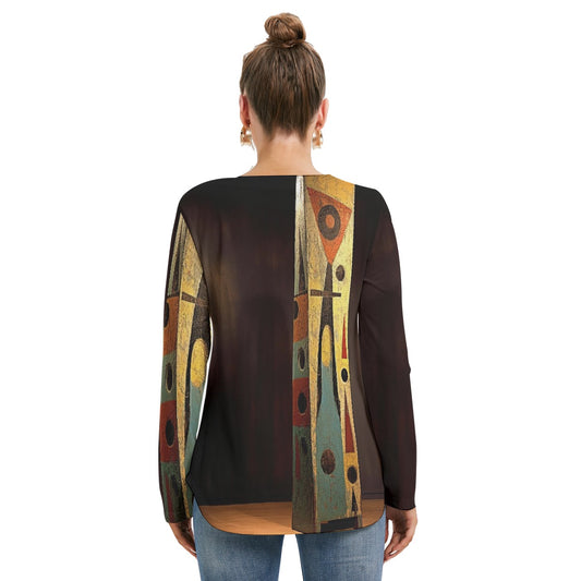 All-Over Print Women's Long Sleeve Neckline Tie Sweatshirt