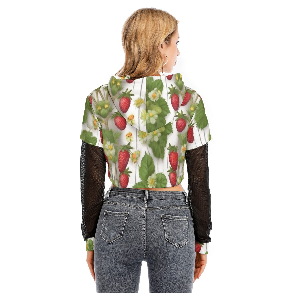 All-Over Print Women's Fake Two-piece Mesh Sleeve Cropped Hoodie