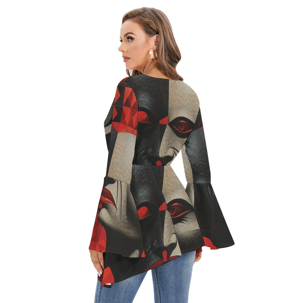 All-Over Print Women's V-neck Blouse With Flared Sleeves