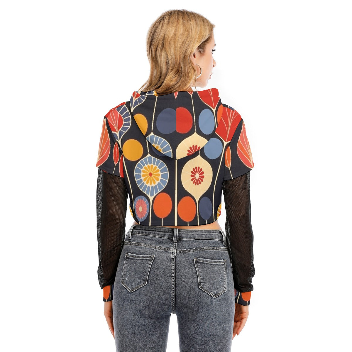All-Over Print Women's Fake Two-piece Mesh Sleeve Cropped Hoodie
