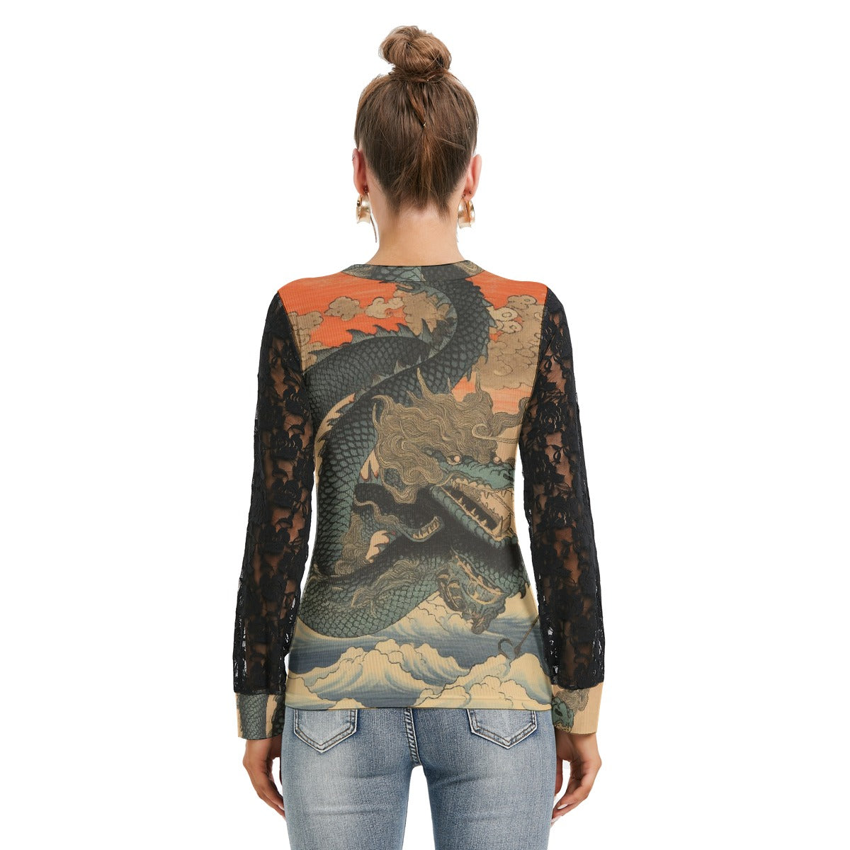 All-Over Print Women's T-shirt And Sleeve With Black Lace
