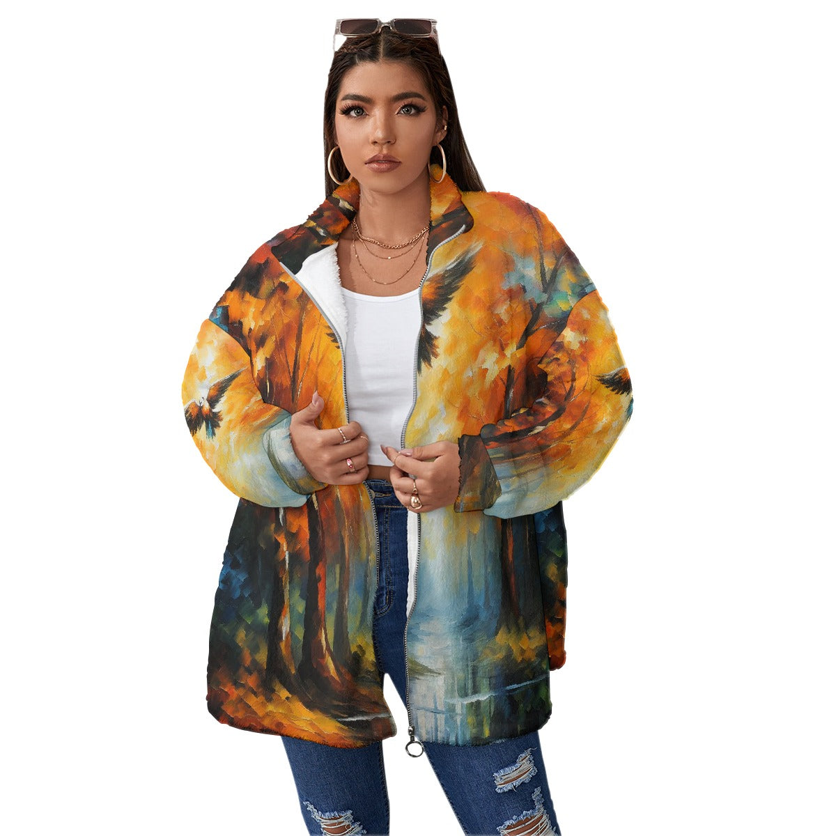 All-Over Print Unisex Borg Fleece Stand-up Collar Coat With Zipper Closure(Plus Size)