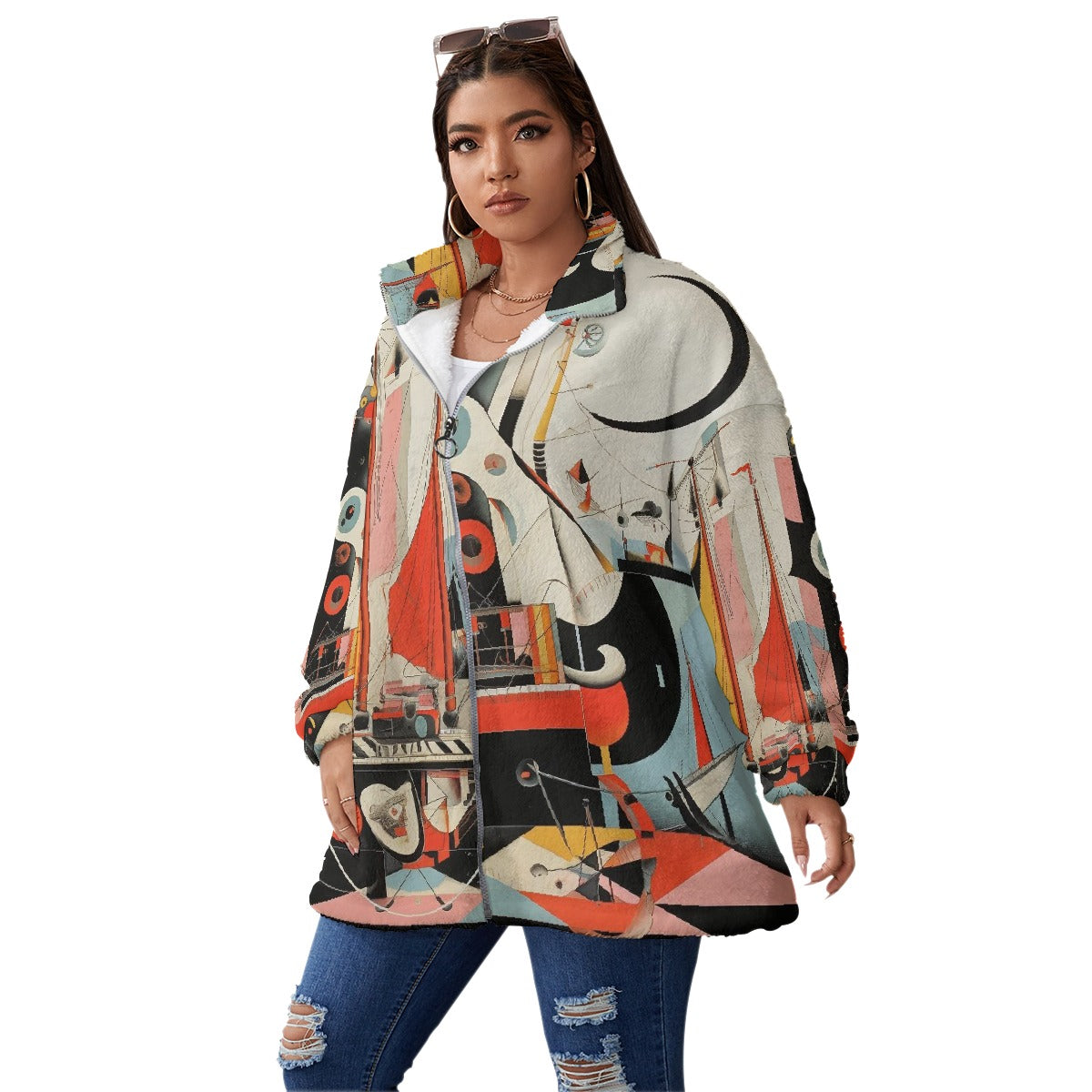 All-Over Print Unisex Borg Fleece Stand-up Collar Coat With Zipper Closure(Plus Size)
