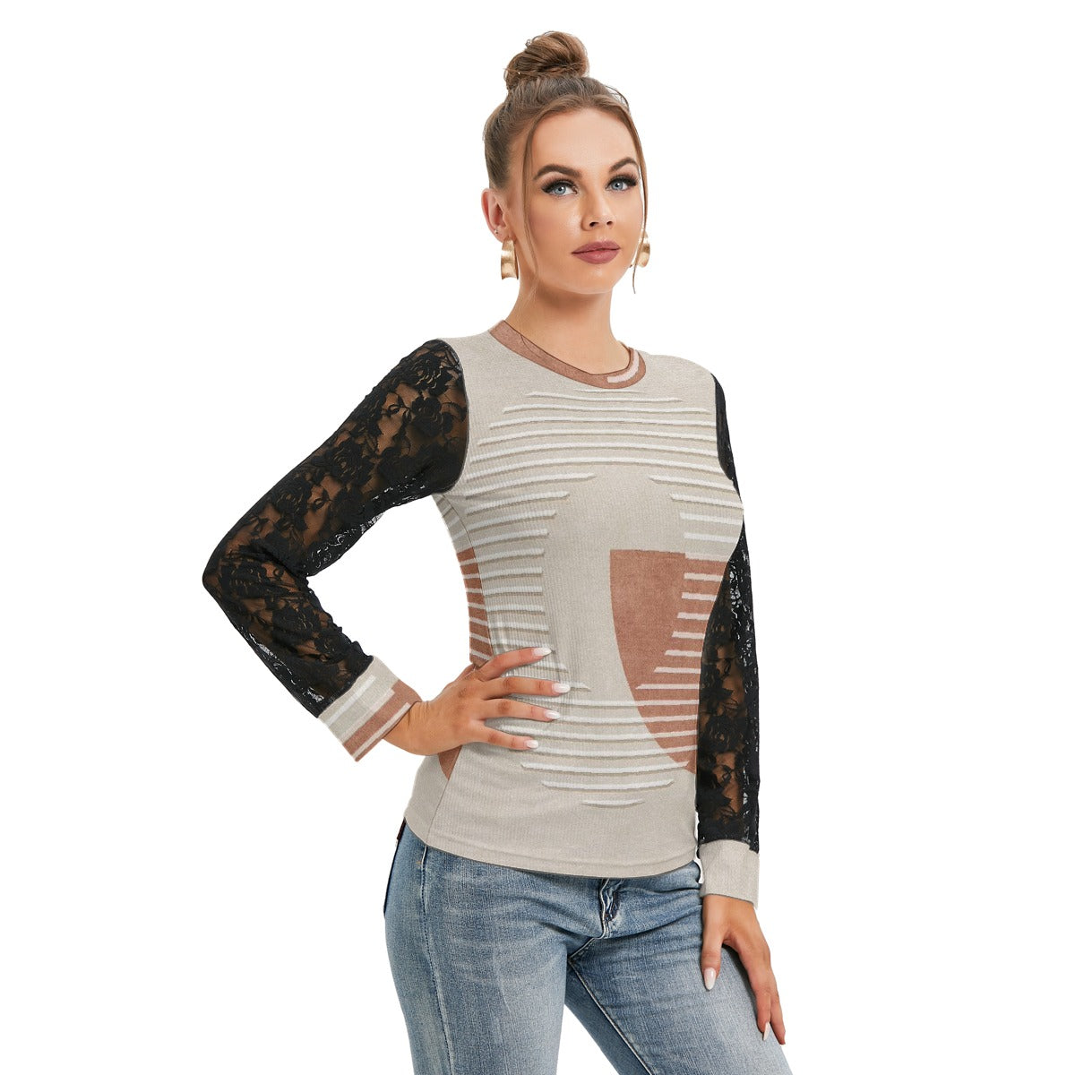 All-Over Print Women's T-shirt And Sleeve With Black Lace