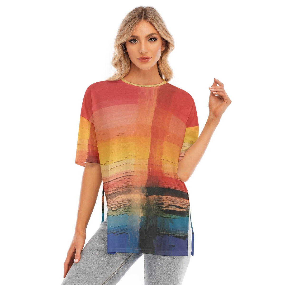 All-Over Print Women's Short Sleeves T-shirt With Hem Split
