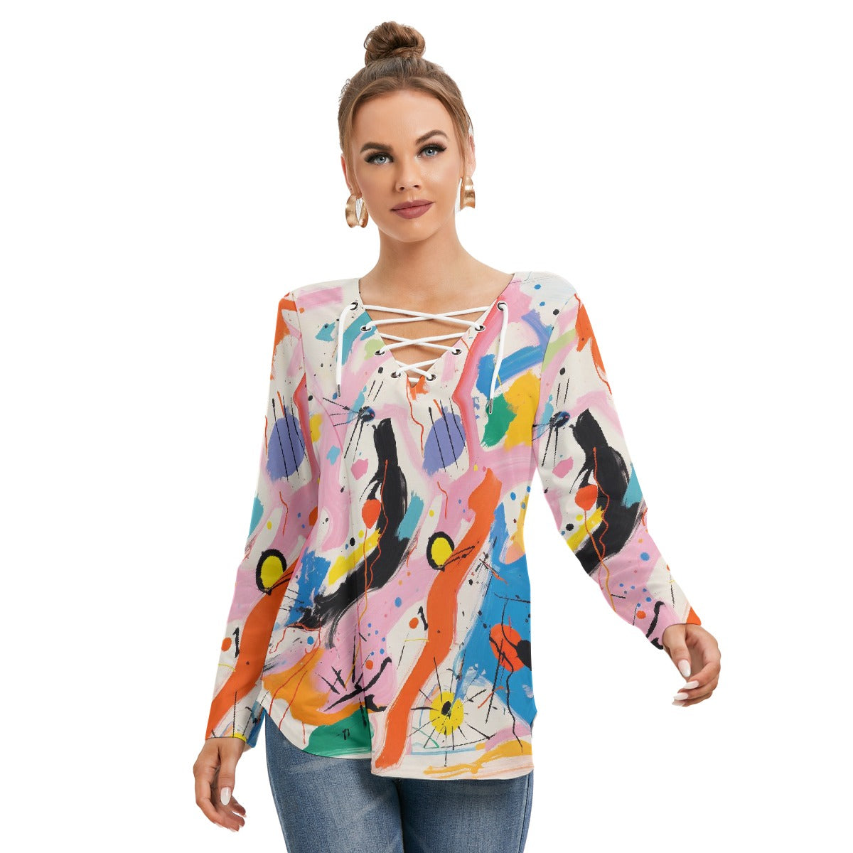 All-Over Print Women's Long Sleeve Neckline Tie Sweatshirt