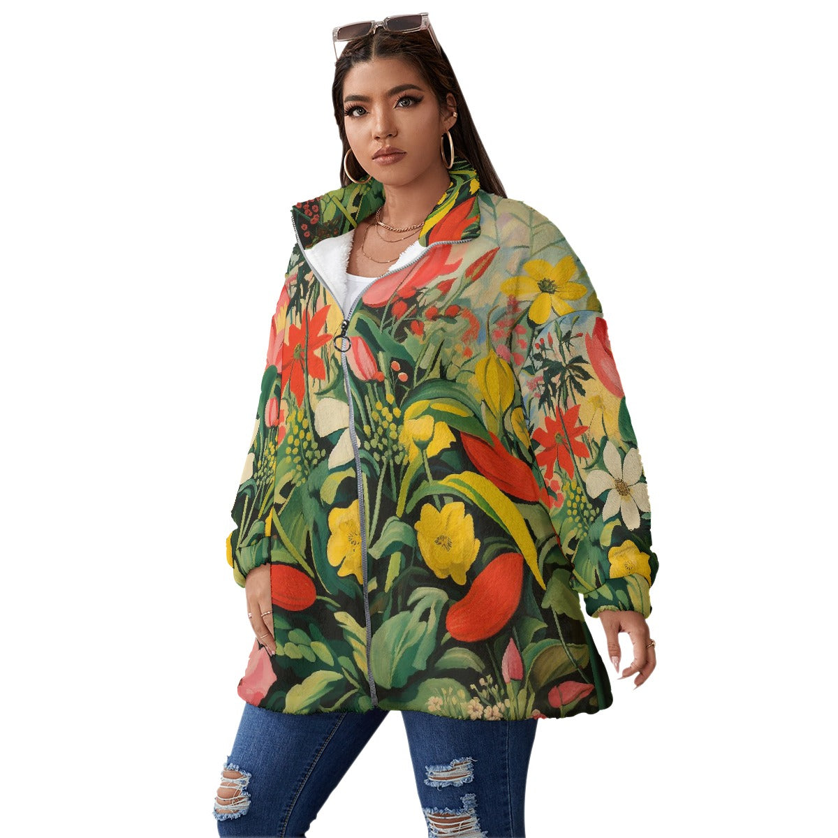 All-Over Print Unisex Borg Fleece Stand-up Collar Coat With Zipper Closure(Plus Size)