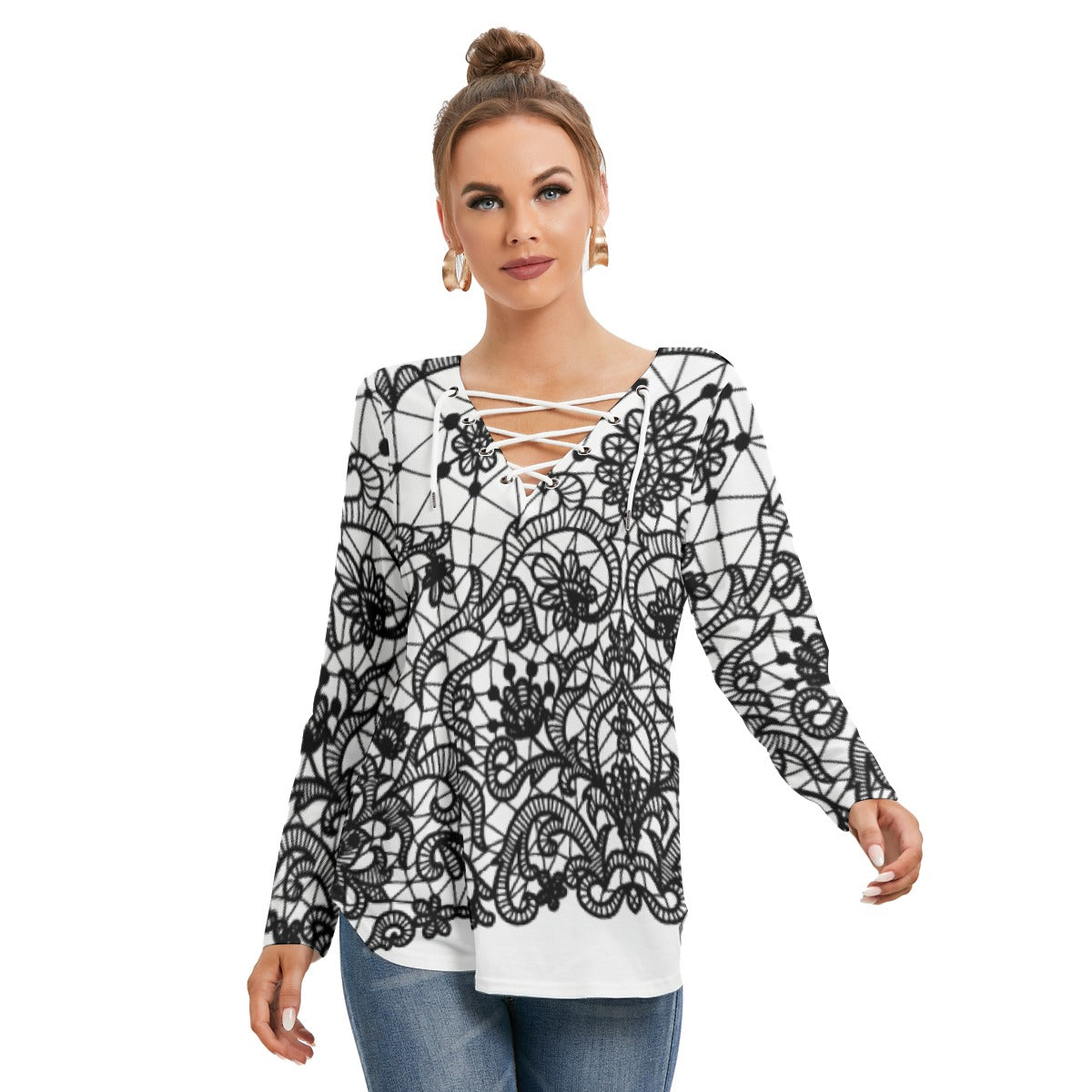 All-Over Print Women's Long Sleeve Neckline Tie Sweatshirt