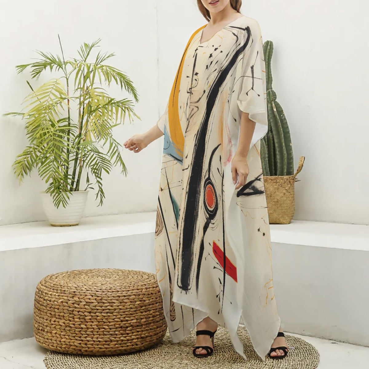 All-Over Print Women's Imitation Silk V-neck Kaftan Robe