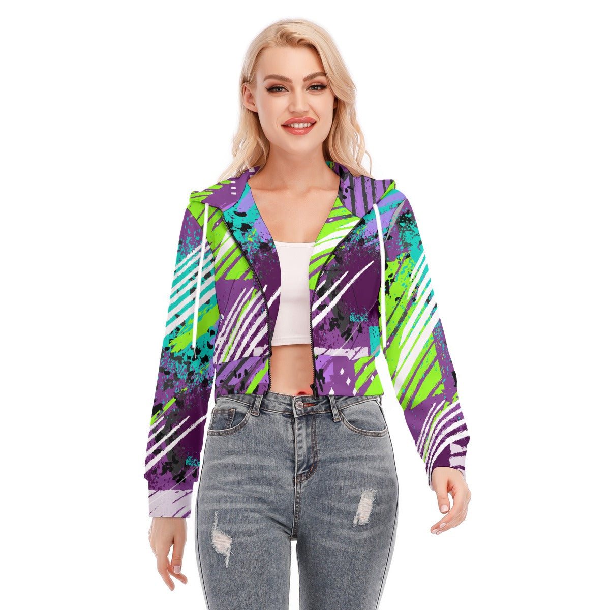 All-Over Print Women's Crop Top Hoodie With Zipper Closure