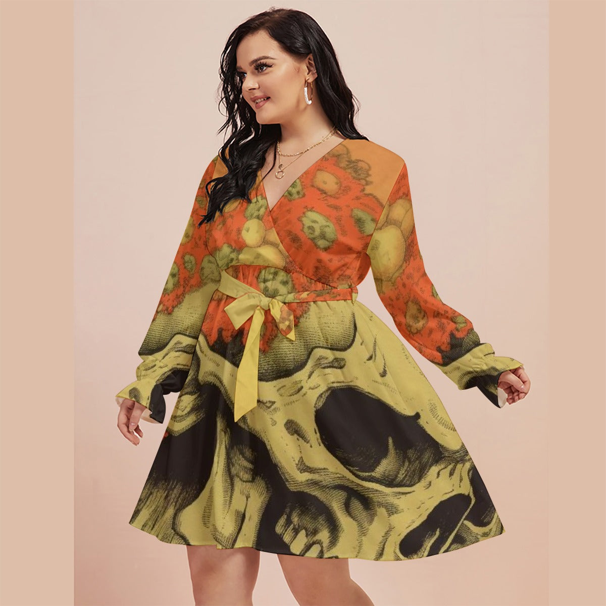 All-Over Print Women's V-neck Dress With Waistband(Plus Size)