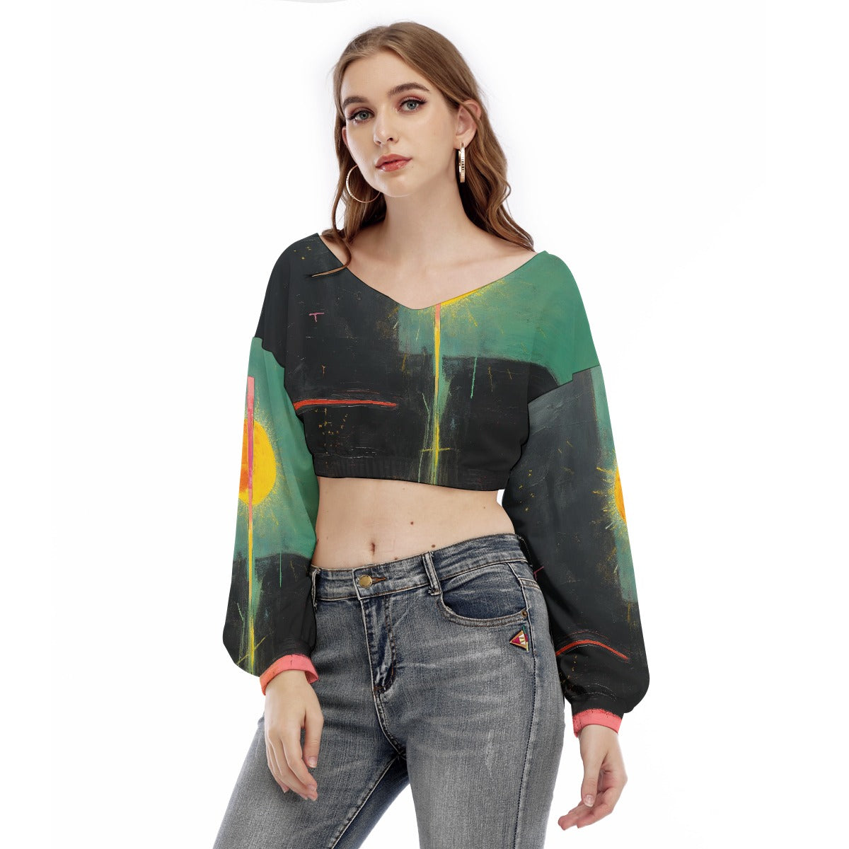 All-Over Print Women's V-neck Long Sleeve Cropped Sweatshirt