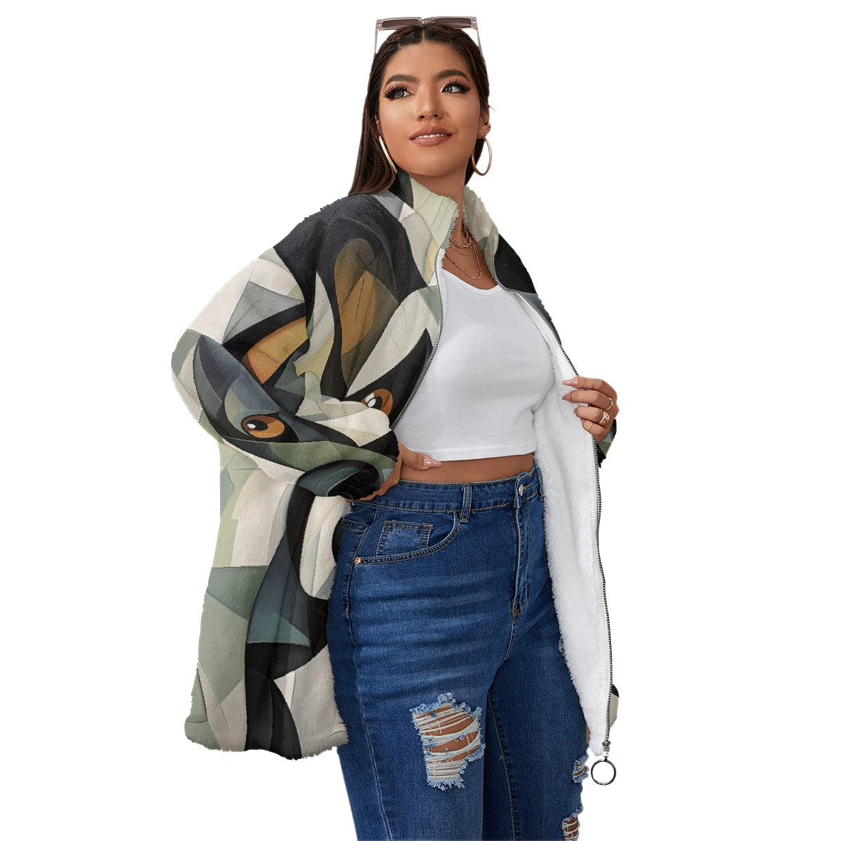All-Over Print Unisex Borg Fleece Stand-up Collar Coat With Zipper Closure(Plus Size)