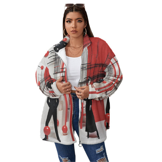 All-Over Print Unisex Borg Fleece Stand-up Collar Coat With Zipper Closure(Plus Size)